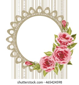 Delicate frame with roses and pearls on striped background for greeting card or invitation design.
