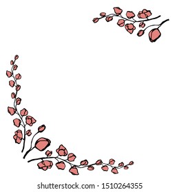 Delicate frame for text with buds of orchid flowers vector template. Girl's greeting card design. Wedding invitation, holiday, poster template with floral sketch