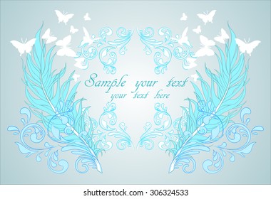 Delicate frame with twined patterns, feathers and butterflies flying