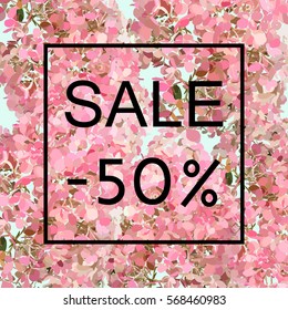 
delicate, fresh, full-blown, illustration with spring pink hydrangeas. ideal for use in printed materials for spring clearance sale