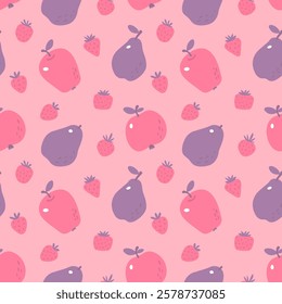 Delicate fruit print. Apple, pear, strawberries for summer seamless pattern. Vector illustration in themes: food and drinks, vegetables and fruits, harvesting on farm orchard, healthy vegetarian food.