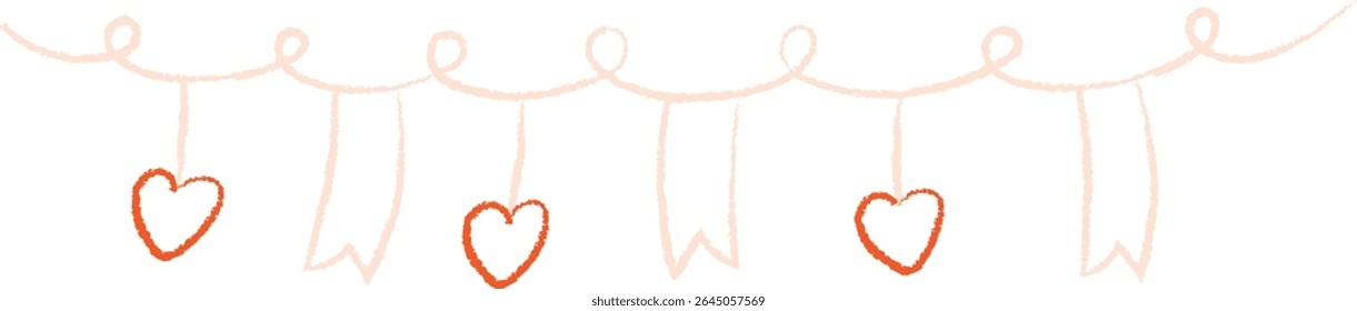 A delicate garland of hearts hanging from swirling ribbons in a playful style. Curved lines and heart shapes create a festive and charming decoration. Cartoon vector illustration.