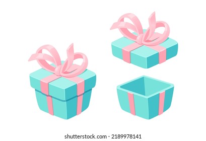 Delicate gift boxes closed and open in isometric style for printing and decoration. Vector illustration.