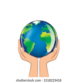 delicate glass planet in human hands isolated on a white background square vector illustration