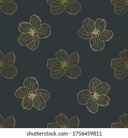 Delicate gold Apple flowers on a dark grey background. Seamless line art vector pattern suitable for wallpapers, home textiles and fashion fabrics.  Elegant colour combination. 