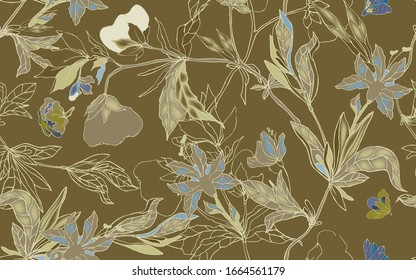 Delicate gold floral ornament of branches, leaves and inflorescences on a sage tan background. Seamless pattern. Vector hand-drawn illustration.
