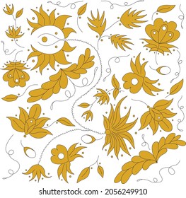 Delicate gold pattern with fine lines and floral theme