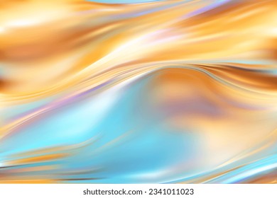 Delicate golden abstract hologram background with soft gold and blue waves. Delicate color transitions. Fantasy vintage blurred background. Gradient mesh vector wallpaper