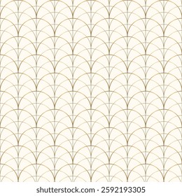 Delicate golden arcs interlock to form a mesmerizing Art Deco-seamless pattern. The design creates a sense of elegance and sophistication on a crisp white background.