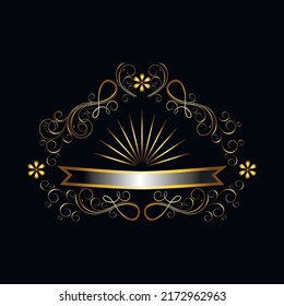 Delicate golden frame of petals, twisted stripes with golden flowers and golden rays over a silvery ribbon in the center of a black background