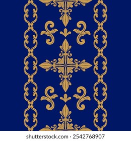 Delicate Golden Rich Border On Royal Deep Blue Background. Gold Buds Florals Leaves Scroll Curl Ornament Decoration for Luxury Textiles Work. Opulence Silk Weaves Traditional Style. Expensive Blooms 