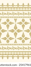 Delicate Golden Silk Embroidery Florals on Beige Background Seamless Pattern Vector. Rich and Classy Border Petals Stars For All Luxury Elegant Design. Ornate Scroll Hand Draw Craft Elaborate work. 