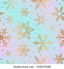 Delicate golden winter background. Hand drawn snowflakes doodle seamless pattern. Beautiful texture abstract snow backdrop. Sketch falling snowflakes for design wallpaper, wrapping paper, wrapper
