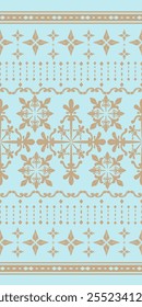 Delicate Grace Florals Border Decoration with Gold Weaves Embroidery Scroll Ornate on Light Blue Background. Exquisitely Vintage Flowers Garden Seamless Pattern Vector for Luxury Elaborate Rich Design