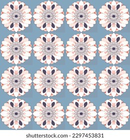 Delicate and graceful seamless pattern in shades of blue and white displays repeat floral bouquet motif on pastel flowery background perfect for tablecloths or stationery.