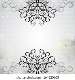 Delicate graphic background with light hearts pattern, refined black curly lines and fully editable splashes along the edges