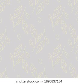 Delicate gray seamless background with yellow flowers. Vector. Branches, leaves and buds. Refined pattern. Thin lines.