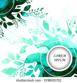 Delicate green background with flowers. Round frame with plants. Vector illustration