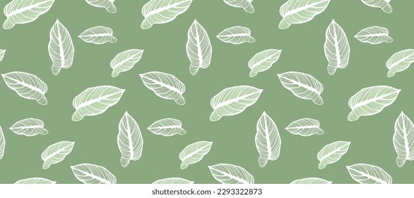 Delicate green botanical vector seamless pattern with white leaves. Pattern for textiles, dishes, covers, backgrounds, wrapping paper.