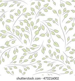 delicate green branches on a white background. Cute hand drawn simple leaves pattern.