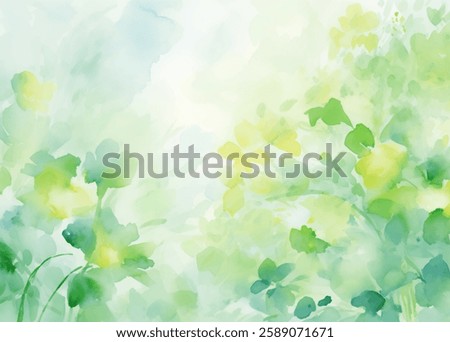 Delicate green foliage merges with soft yellow accents, creating a tranquil atmosphere. The gentle watercolor blending evokes a peaceful, serene connection to natures beauty