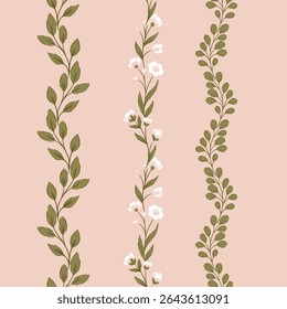Delicate Green Leaves and White Flowers Vector Seamless vertical Borders Set
