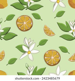 Delicate green pattern with lemon citrus fruits and flowers.Background. Wallpaper. Freshness.Print for fabric and tableware