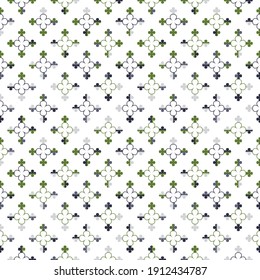 Delicate green and purple four leaf  water clover pattern. Stylised stroke leaves, minimal concept. Regular repeating flowers for fancy silk fabrics for fashion and interiors. 