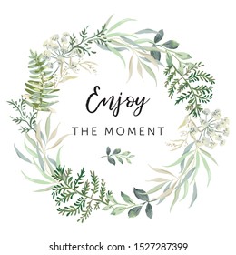 Delicate Greenery Wreath, Forest Green Leaves, White Background. Wedding Invitation Circle Frame. Vector Illustration. Floral Arrangement. Design Template Greeting Card 