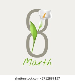 Um cartão de boas-vindas delicado para 8 de março com um lírio branco e uma vibração da primavera. Perfeito para saudações, presentes e desenhos sazonais.