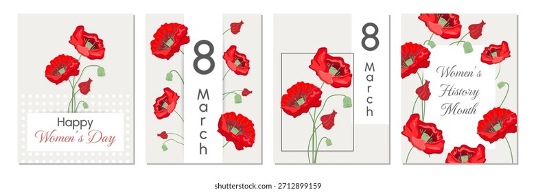 Um cartão de saudação delicado para 8 de março com papoula vermelha de design floral e uma sensação primavera. Perfeito para saudações, presentes e design sazonal.