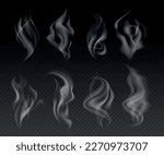 Delicate grey cigarette realistic smoke waves on dark transparent background isolated vector illustration