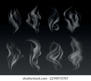 Delicate grey cigarette realistic smoke waves on dark transparent background isolated vector illustration