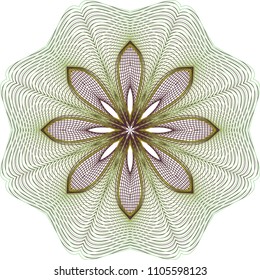 Delicate guilloche doily rosette with alternating bands of brown and green wavy lines and central cut floral design.