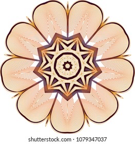 Delicate guilloche fan rosette with single layer orange mesh waves and black borders.