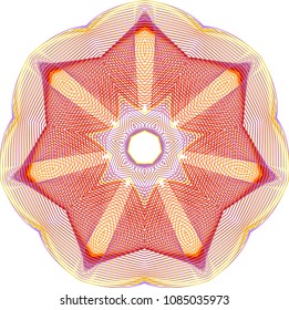 Delicate guilloche star rosette with bright hues of red, yellow, orange and purple mesh waves.