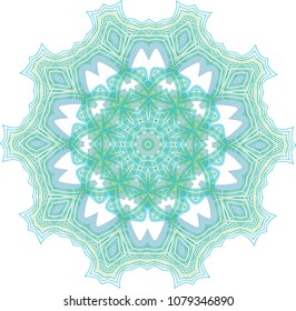 Delicate guilloche wheel rosette beset with layers of light blue and yellow green mesh waves.