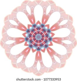 Delicate guilloche wheel rosette with central red and blue star.