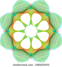 Delicate guilloche wheel rosette with centrally pointed feathery tendrils amid a bright color palette of shades of green, red and orange.