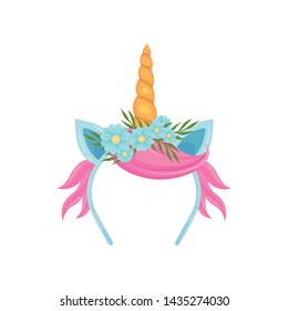 Delicate hair band with a golden unicorn horn, blue ears and pink hair. Vector illustration on white background.