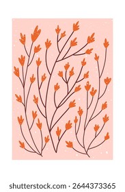 Delicate hand drawn branches with orange buds on a soft pink background. Great for prints, cards, and modern floral projects.