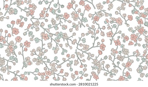Delicate hand drawn cherry blossom branches in pink and sage green colors seamless pattern over a clean white background.