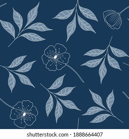 Delicate hand drawn floral pastel blue seamless pattern with flowers and leaves in vintage style