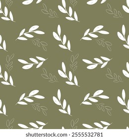 Delicate hand drawn floral pattern featuring leaves on a muted green background vector illustration