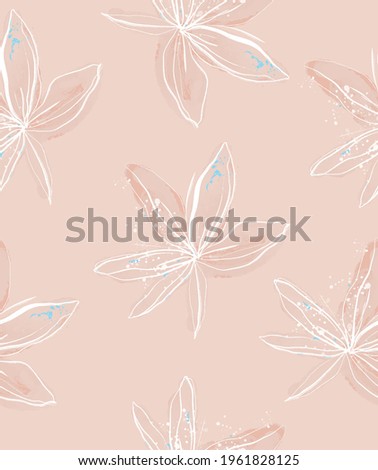 Delicate Hand Drawn Floral Seamless Vector Pattern. Elegant White and Pink Sketched Flowers on a Light Blush Pink Background.