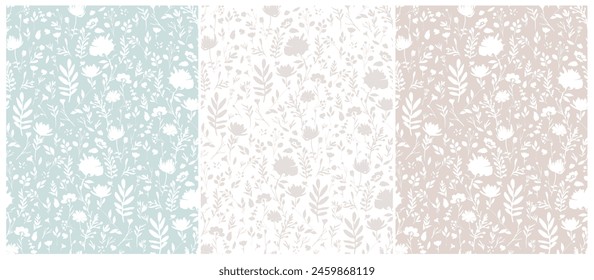 Delicate Hand Drawn Floral Vector Patterns. White Flowers, Leaves and Twigs on a Pastel Blue and Light Beige Background. Irregular Floral Print. Light Gray Flowers on a White Backdrop.Abstract Garden.