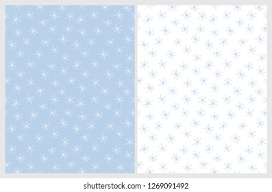Delicate Hand Drawn Flowers Vector Patterns. Light Blue and White Color Design. Floral Repeatable Patterns. Pastel Colors. Light Blue and Whte Background.