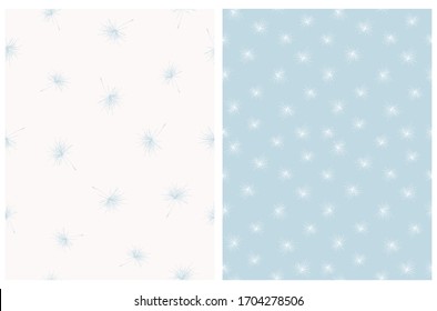 Delicado patrón vector de semillas de candelión volador dibujado a mano. Delicado Diseño repetible en color pastel.Semillas de candelión blanco volador aisladas en un fondo azul claro. Semillas azules en un diseño fuera de blanco.