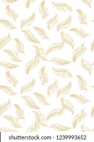 Delicate Hand Drawn Flying Feather Vector Pattern. Golden Feathers Isolated on a White Background. Soft Sketched Feathers Repeatable Illustration. Flying Gold Fluffy Bird Feathers.