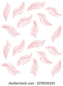 Delicate Hand Drawn Flying Pink Feather Vector Pattern. Light Pink Feathers Isolated on a White Background. Soft Sketched Feathers Repeatable Illustration. Flying Pink Fluffy Bird Feathers.